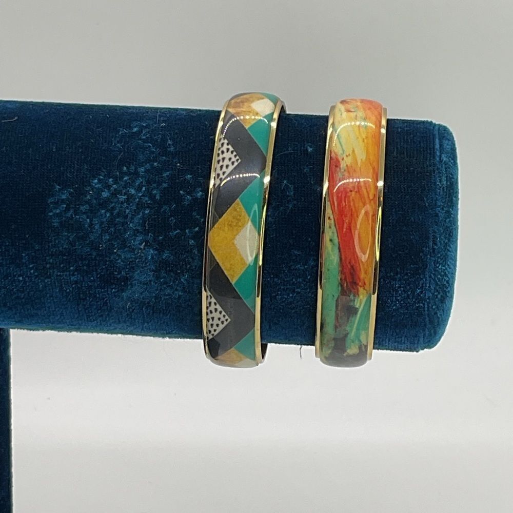Set of 2 Rustic Cuff Colorful Geometric Patterned Bangles
